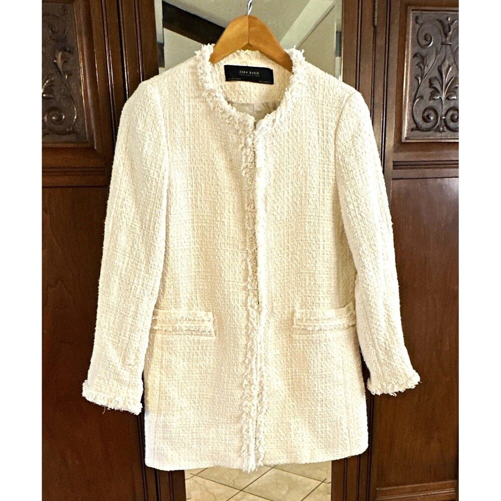 Zara Basic Ivory Cream Tweed Fringe Jacket Size S Long Open Front Collarless